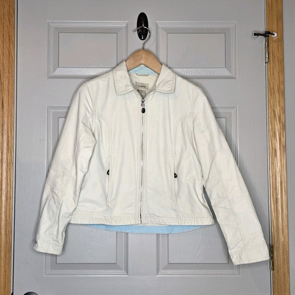 LL Bean Ivory Cream Crop Moto Canvas Utility Women Med Zip Workwear Chic‎ Preppy
